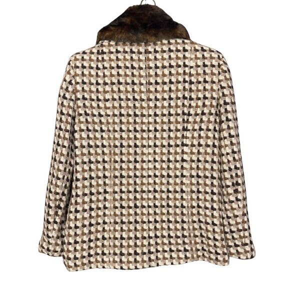 Vintage 90s Boho Wool Blend Coat Brown Cream Houndstooth Jacket Faux Fur Collar - Picture 6 of 11
